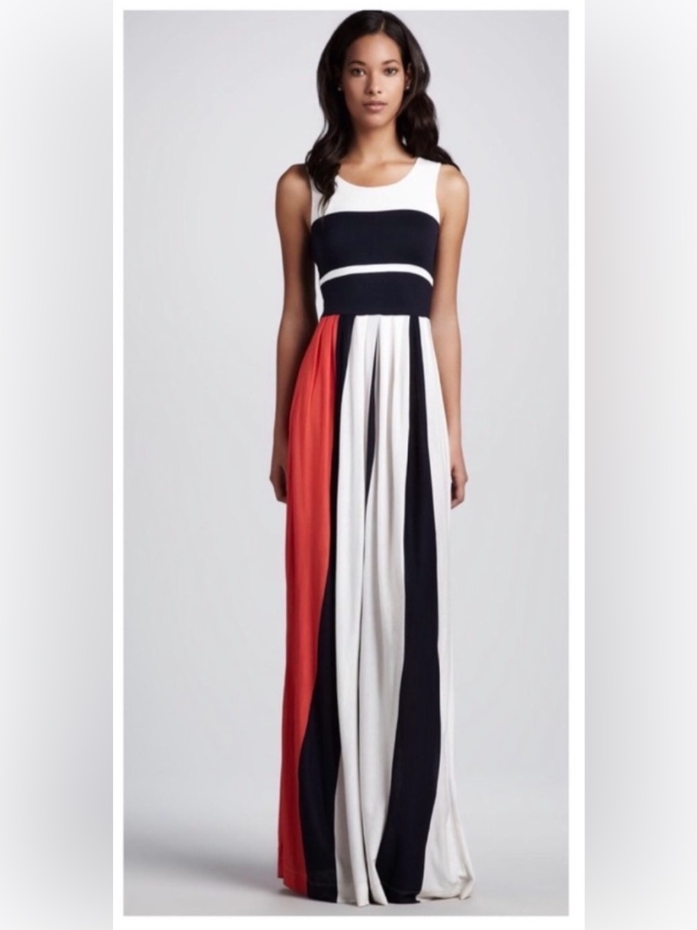 French Connection Sleeveless Maxi Dress in Black, Cream & Coral